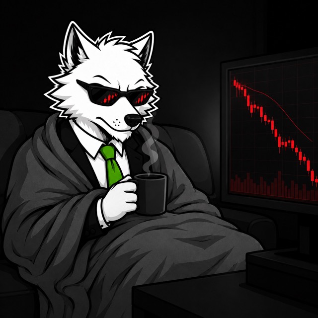 The wolf watches a red chart wrapped in a blanket