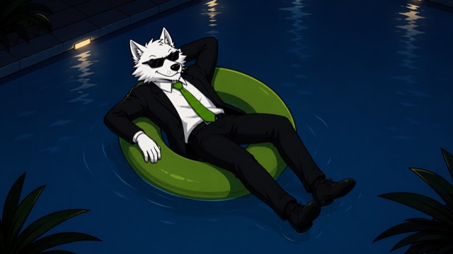 The wolf floats in a pool, fully suited